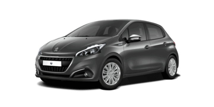 Compacte voiture grise à cinq portes sur fond sombre, phares avant modernes.