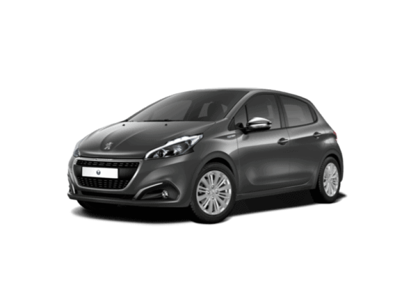 Compacte voiture grise à cinq portes sur fond sombre, phares avant modernes.