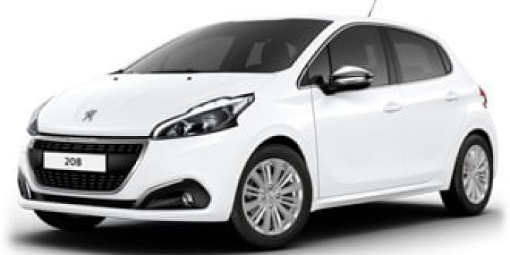 Voiture compacte blanche Peugeot, récente, cinq portes, jantes alliage, design moderne.