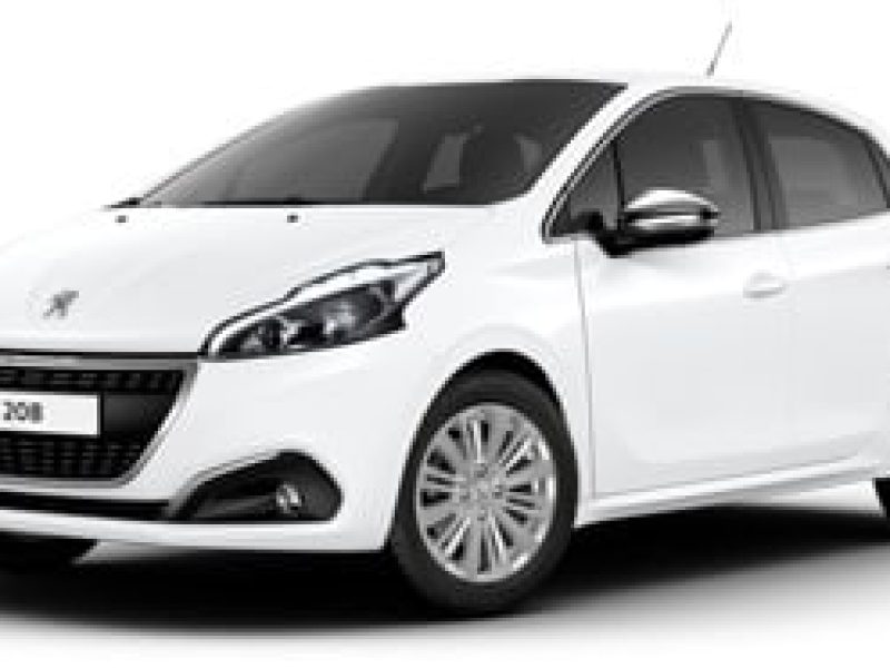 Voiture compacte blanche Peugeot, récente, cinq portes, jantes alliage, design moderne.