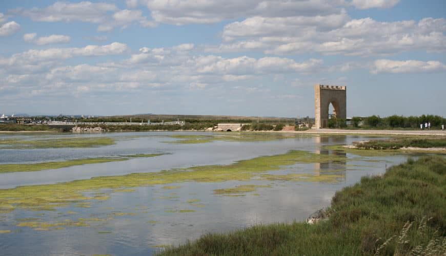 Paysage lacustre avec végétation et arche en pierre sous un ciel partiellement nuageux.