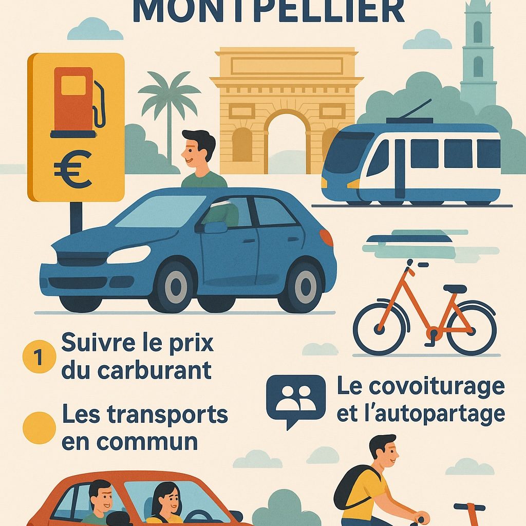 Affiche montrant des astuces pour économiser sur les déplacements à Montpellier, incluant divers modes de transport.