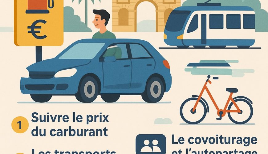 Affiche montrant des astuces pour économiser sur les déplacements à Montpellier, incluant divers modes de transport.