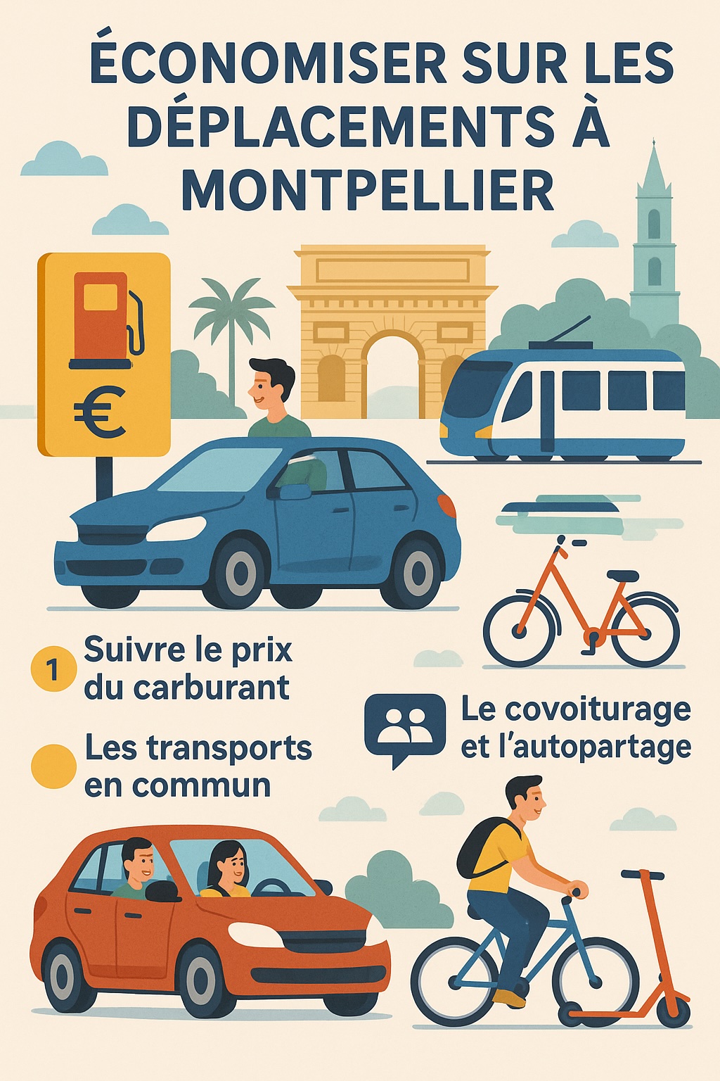 Affiche montrant des astuces pour économiser sur les déplacements à Montpellier, incluant divers modes de transport.