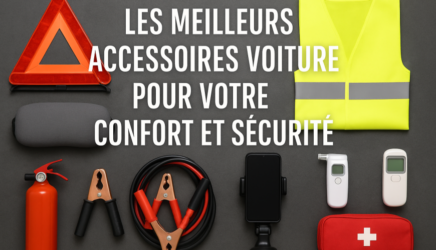Accessoires automobile pour sécurité et confort comprenant gilet jaune, triangle, extincteur, câbles, support téléphone, trousse secours.