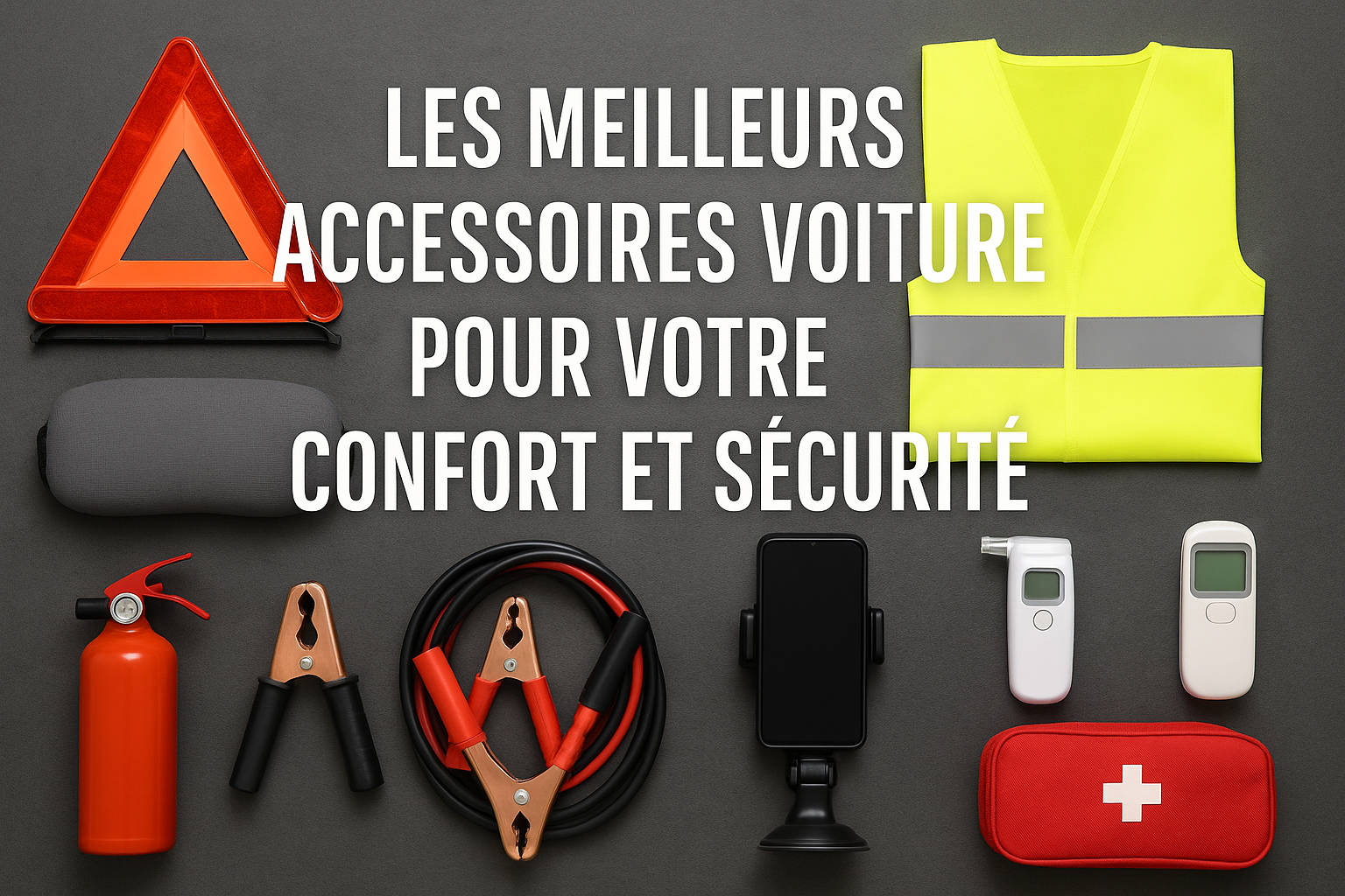 Accessoires automobile pour sécurité et confort comprenant gilet jaune, triangle, extincteur, câbles, support téléphone, trousse secours.