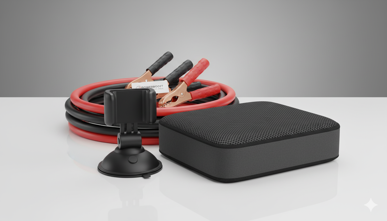 Câbles de démarrage avec pinces, support ventouse et appareil électronique noir texturé.