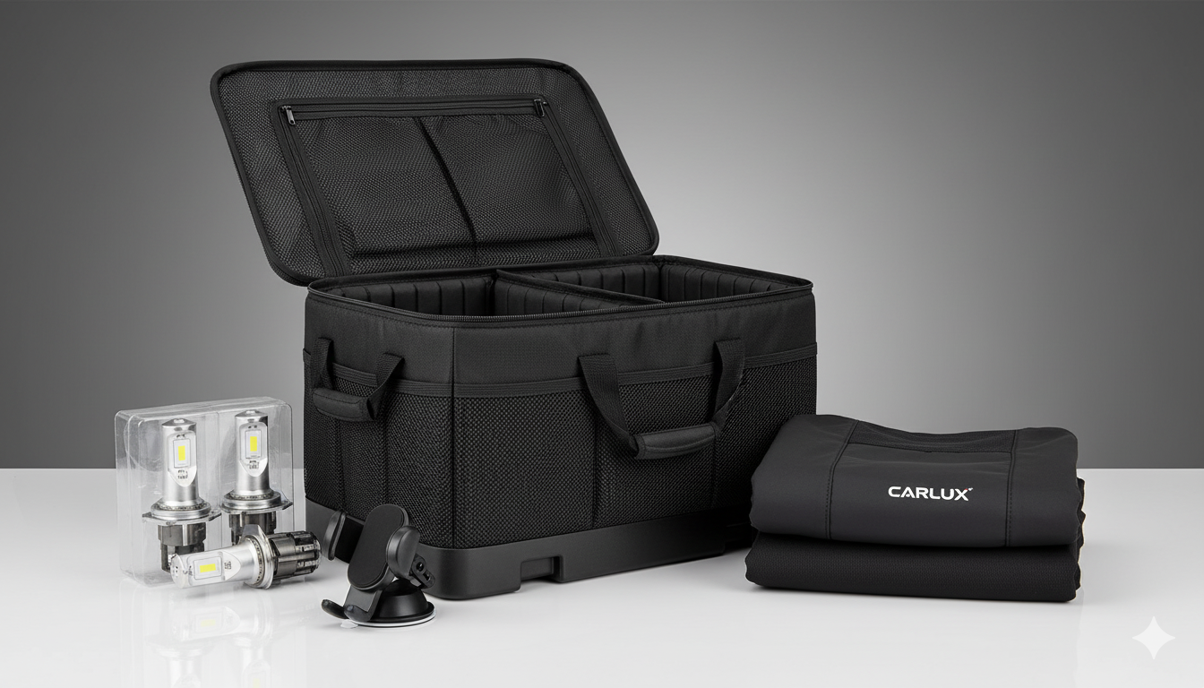 Caisse de rangement noire ouverte avec deux compartiments, trois ampoules LED, support ventouse et housses CARLUX.